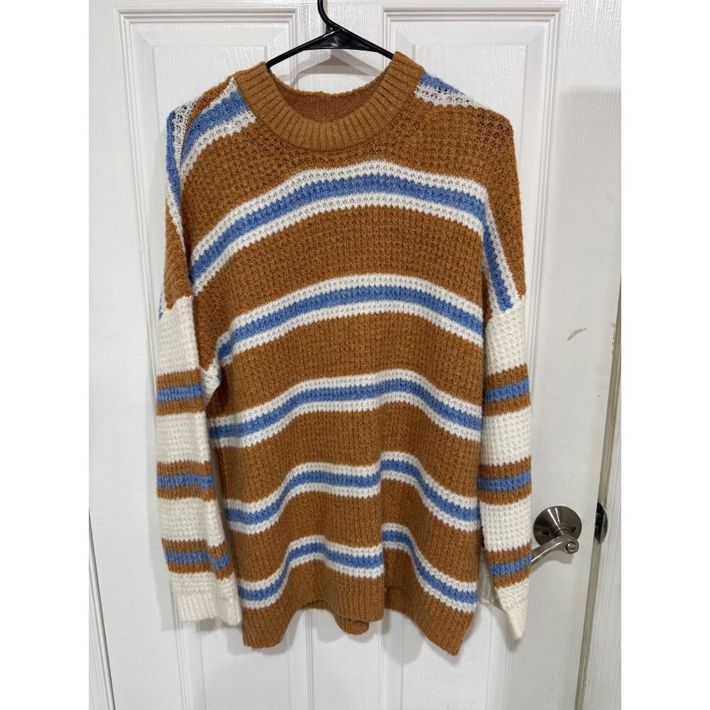 American Eagle Sweater size S - Striped Tan Blue White Waffle Knit Crew Neck Pul